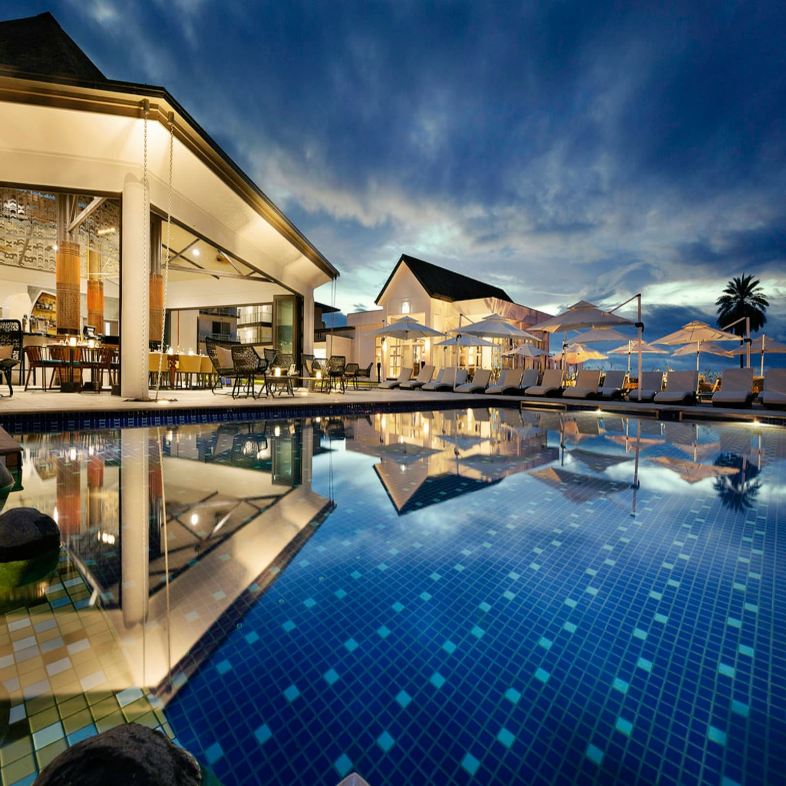 The garden at Tropicana Resort after sunset